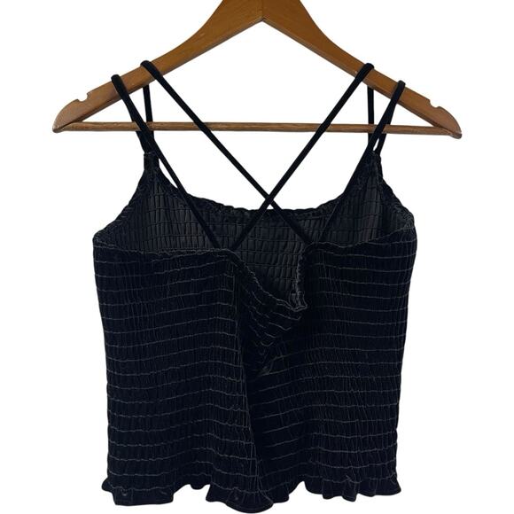 Black Velvet Tank Top Cross Back Shirred Y2K Crop Stretchy Papas Fashion - Picture 4 of 7